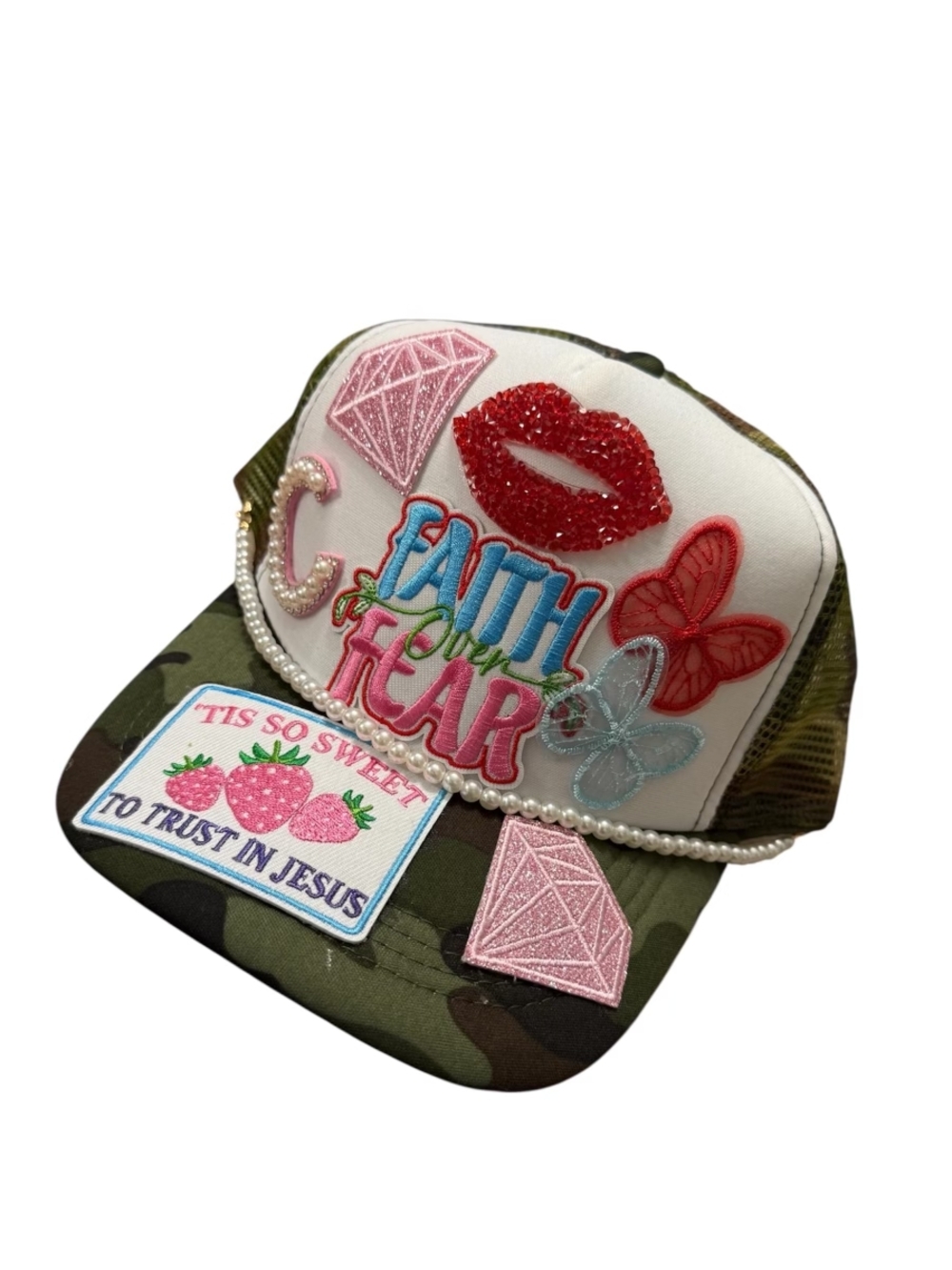 One Of OneFaith Over Fear Embellished Trucker Hat - Green Camo with Pink Accents